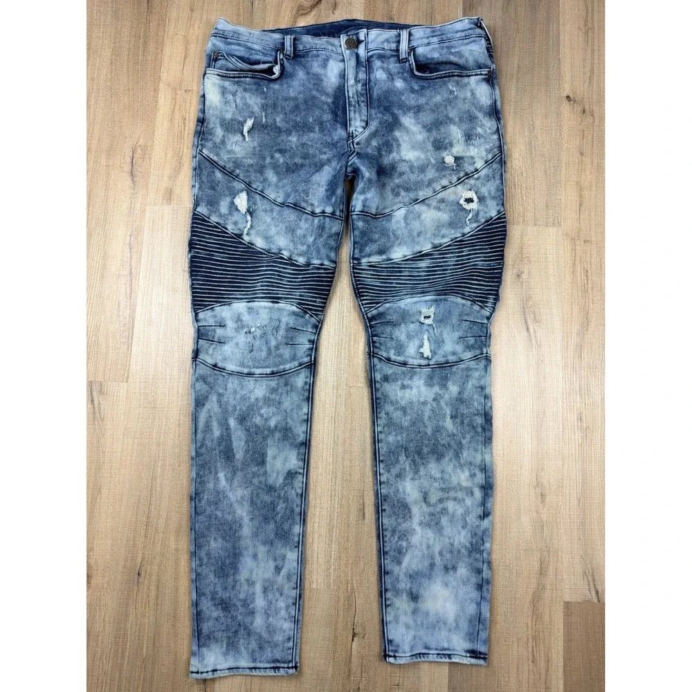 True Religion Rocco Relaxed Skinny Moto Jeans Acid Wash Blue Distressed Mens 38
